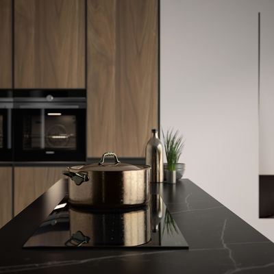 Luxury Home Furniture Modular Walnut Wood Veneer Matt Black Color Glass Door Kitchen Cabinets Modern Design