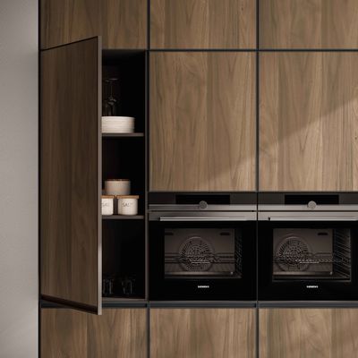 Luxury Home Furniture Modular Walnut Wood Veneer Matt Black Color Glass Door Kitchen Cabinets Modern Design