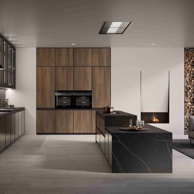 Luxury Home Furniture Modular Walnut Wood Veneer Matt Black Color Glass Door Kitchen Cabinets Modern Design