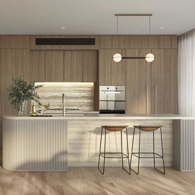 Custom Modern Eco-friendly Wood Grain Kitchen Cabinet with Marble Countertop for Residential Projects