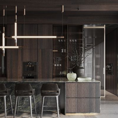Luxury Home Furniture Modular Walnut Wood Veneer Matt Black Color Glass Door Kitchen Cabinet Modern Design