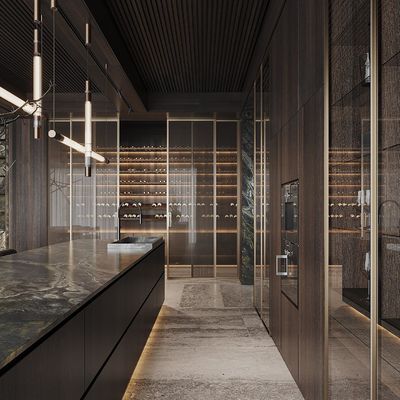 Luxury Home Furniture Modular Walnut Wood Veneer Matt Black Color Glass Door Kitchen Cabinet Modern Design
