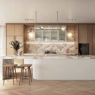 Custom Modern Complete Island Kitchen Furniture White PVC Wood Cabinet Sets Glass Door for Villa Project MDF Carcase