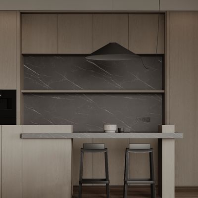 Modern Island Kitchen Designs Complete Metal PET Laminate Glossy Kitchen Cabinets MDF Lacquered Glass Includes Faucet