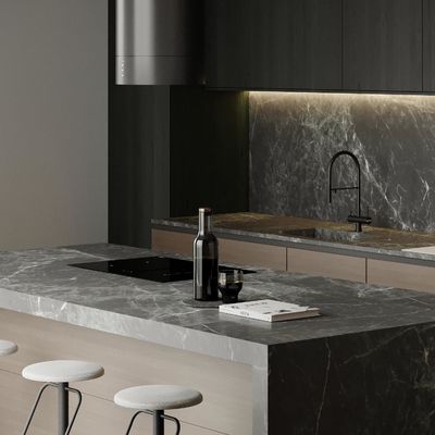 Custom Modern Gold PET Island Kitchen Cabinet High Quality Complete Modular Glass MDF Faucet Hinge Drawer Basket