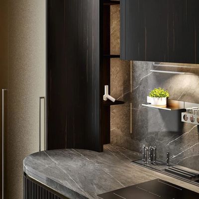 Villas Project Premium Semi-Gloss Grey Bake Lacquer L-Shaped MDF Kitchen Cabinet