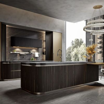 Villas Project Premium Semi-Gloss Grey Bake Lacquer L-Shaped MDF Kitchen Cabinet
