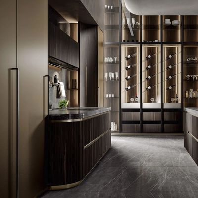 Villas Project Premium Semi-Gloss Grey Bake Lacquer L-Shaped MDF Kitchen Cabinet