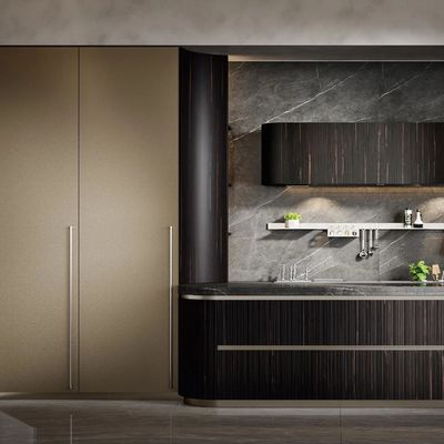 Villas Project Premium Semi-Gloss Grey Bake Lacquer L-Shaped MDF Kitchen Cabinet
