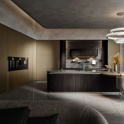 Villas Project Premium Semi-Gloss Grey Bake Lacquer L-Shaped MDF Kitchen Cabinet