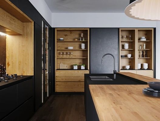 Custom Luxury Wood Grain MDF Moisture-Resistant Frameless Kitchen Cabinets Dubai Skyscraper Project Bulk Supplier Sink Apartment