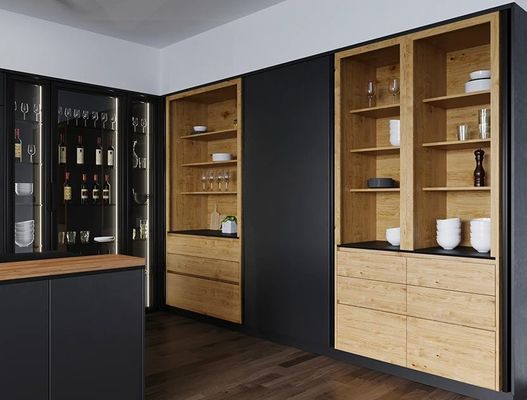 Custom Luxury Wood Grain MDF Moisture-Resistant Frameless Kitchen Cabinets Dubai Skyscraper Project Bulk Supplier Sink Apartment