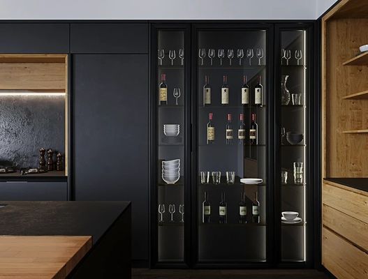 Custom Luxury Wood Grain MDF Moisture-Resistant Frameless Kitchen Cabinets Dubai Skyscraper Project Bulk Supplier Sink Apartment