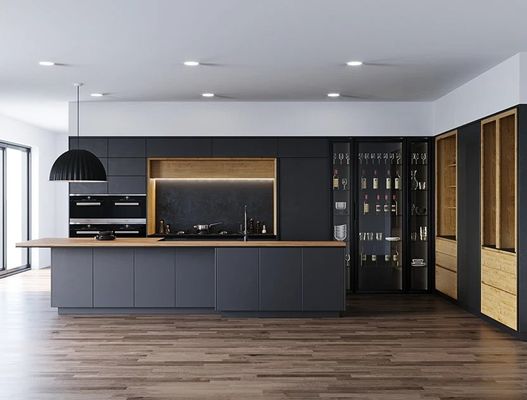 Custom Luxury Wood Grain MDF Moisture-Resistant Frameless Kitchen Cabinets Dubai Skyscraper Project Bulk Supplier Sink Apartment