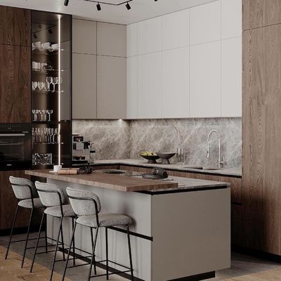 New Kitchen Cabinet Swashed Oak Flat Panel Kitchen with Island Customized Color Solid Wood Veneer Style Kitchen Cabinet