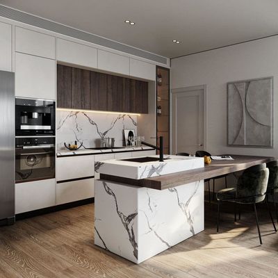 New Kitchen Cabinet Swashed Oak Flat Panel Kitchen with Island Customized Color Solid Wood Veneer Style Kitchen Cabinet