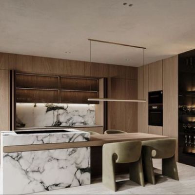New Kitchen Cabinet Swashed Oak Flat Panel Kitchen with Island Customized Color Solid Wood Veneer Style Kitchen Cabinet