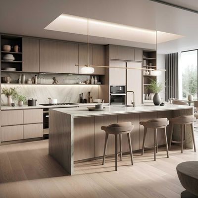 New Kitchen Cabinet Swashed Oak Flat Panel Kitchen with Island Customized Color Solid Wood Veneer Style Kitchen Cabinet