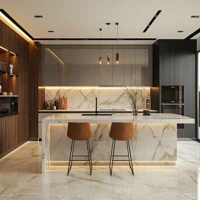 New Kitchen Cabinet Swashed Oak Flat Panel Kitchen with Island Customized Color Solid Wood Veneer Style Kitchen Cabinet