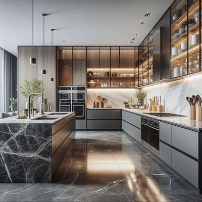 Modern Luxury Kitchen Cabinet Black Stainless Melamine Board Furniture Modular Design for Apartment Use Direct Supplier