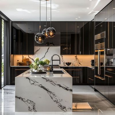 Luxury Modern Designs Home Kitchen Furniture Solid Wood Island Stainless Steel Countertop Plywood Sink Backsplash for Apartments