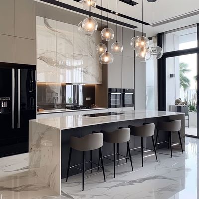 Modern Complete Kitchen Cabinet Solid Wood Melamine Board Carcase French Marble Drawer Baskets Sink for Villas Kitchens