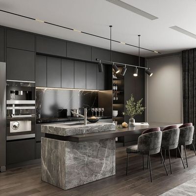 European Frameless Design Modular Kitchen Cabinets High-End Black Glossy Paint with Soft Closing Drawers