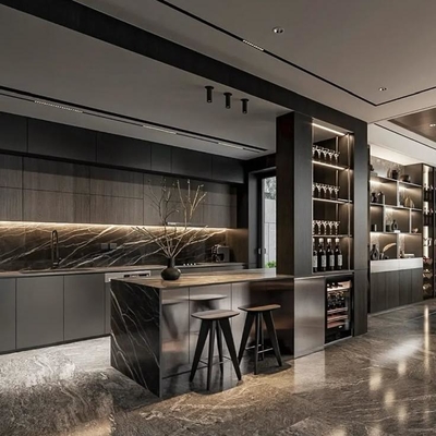 Modern Modular Kitchen Wall Cabinets Island Base Handle Durable MDF Glass Acrylic Marble Laminate Backsplash Interior Design
