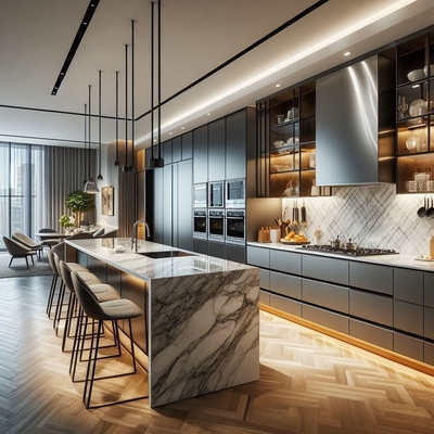 Modern Modular Kitchen Wall Cabinets Island Base Handle Durable MDF Glass Acrylic Marble Laminate Backsplash Interior Design