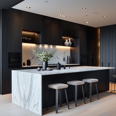 Modern Minimalistic Stainless Carcase Kitchen Cupboard Island Unit Set Melamine Black Cabinets for Villa Apartments