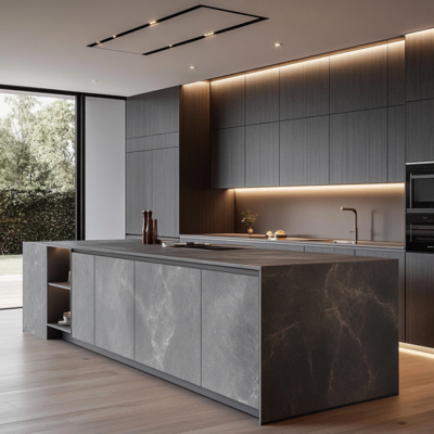 Modern Minimalistic Stainless Carcase Kitchen Cupboard Island Unit Set Melamine Black Cabinets for Villa Apartments
