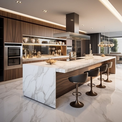 Solid Light Brown Ash Wood Kitchen Cabinets with Luxury Designs Stainless Steel Countertop & Sink for Apartment Kitchen
