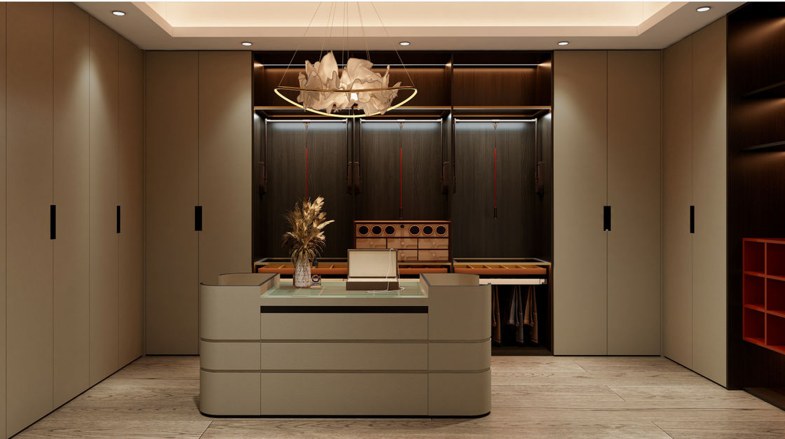 Wood Grain Modern Walk In Closet Customized With Shoes Rack Design