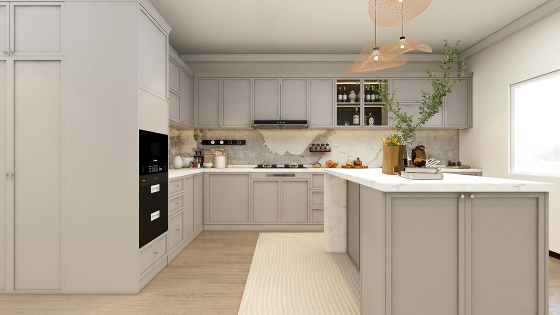 Custom Classic Wood Kitchen Cabinets L Shaped Kitchen Storage System Island Table
