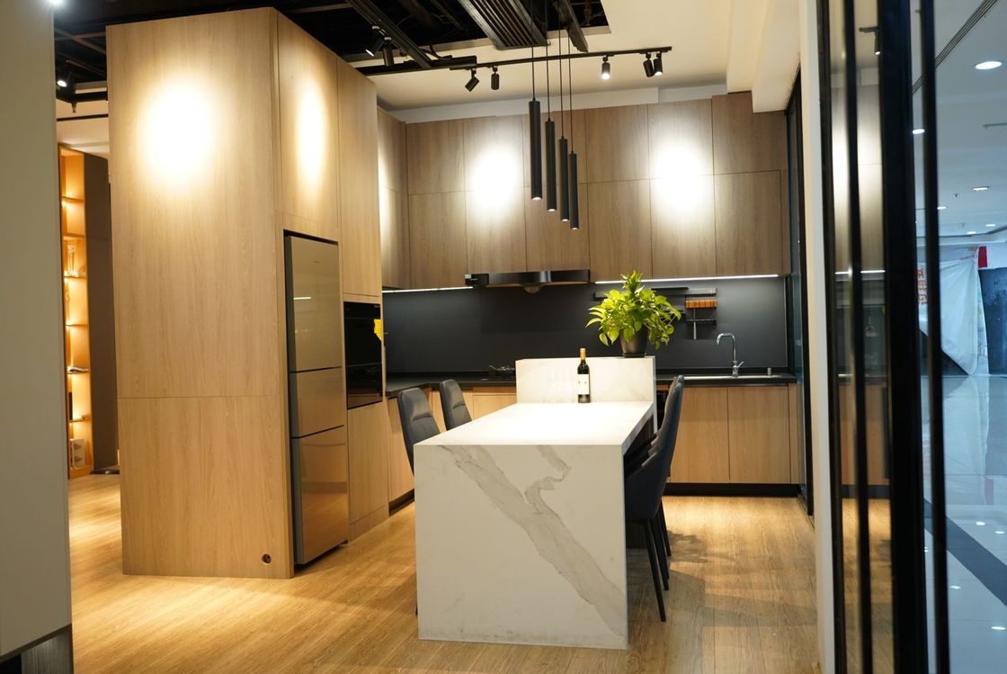 Modern Kitchen Melamine Cabinet Fitted Kitchen System With Island Dinning Table