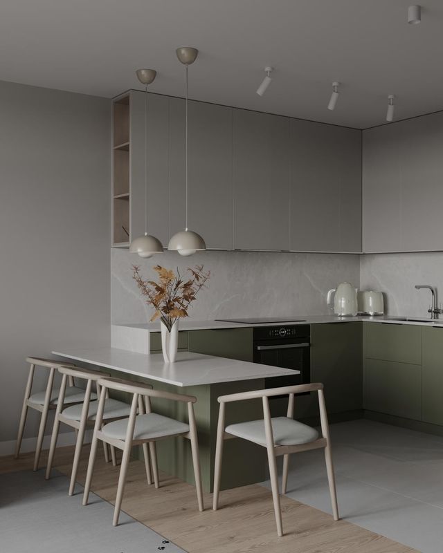 L Shaped White And Green Kitchen Cabinets Modern PET Kitchen System Tailored