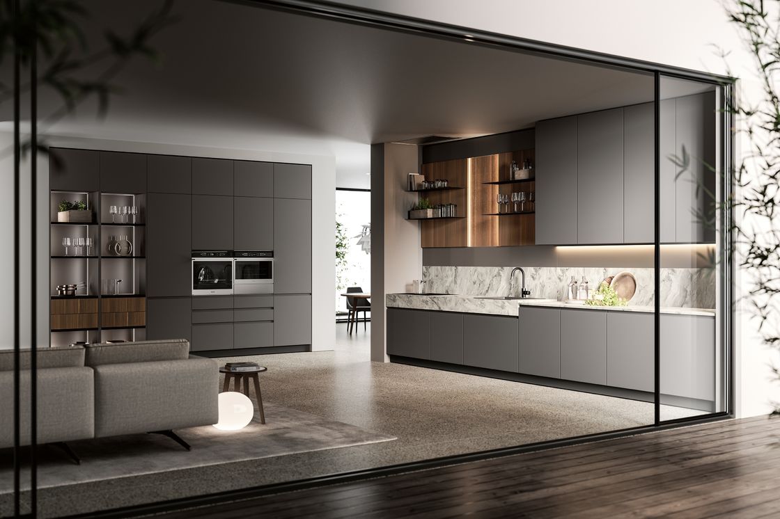 Customized PET Kitchen Cabinets Modern Gray Kitchen Cabinet With Winecase