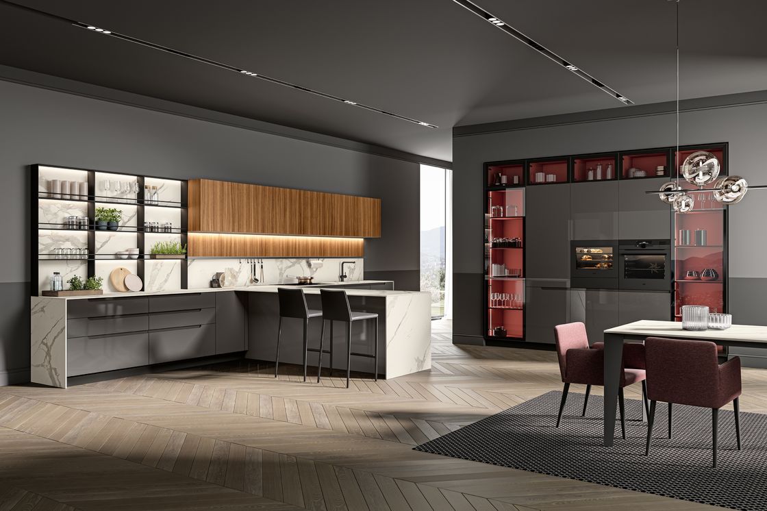 Modern Style Lacquer Kitchen Cabinets Customized With Wine Case