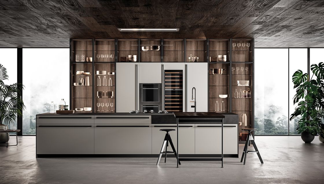 Customized Stylish Kitchen Cabinet Modern Glass Winecase With Bar Table
