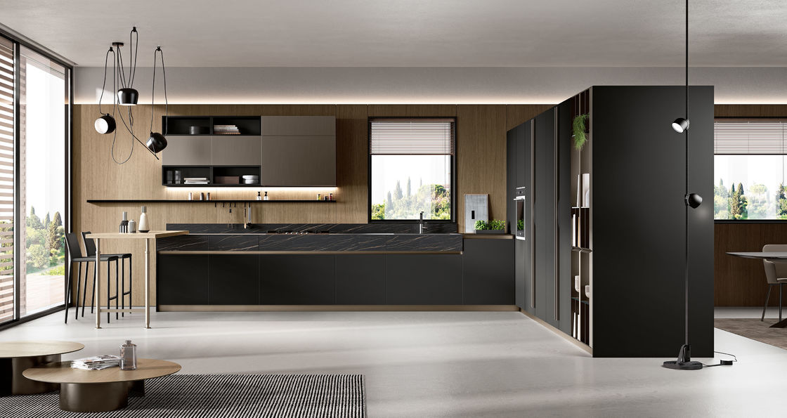 L Shaped Black Modern Kitchen Cabinet Customized PET Kitchen System