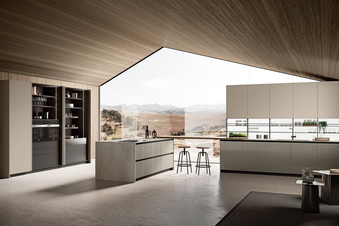 Modern Textured EB Board Kitchen Cabinet Customized With Dinning Table