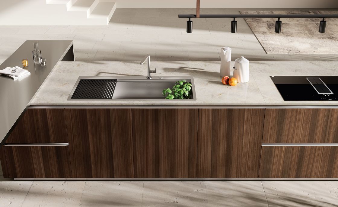 Tailored UV Kitchen Cabinet Wood Veneer Custom Kitchen Cabinets With Glass Showcase