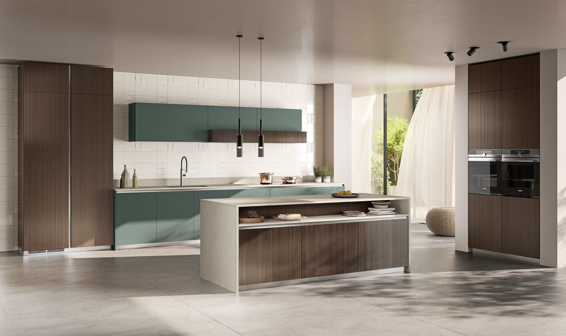 Tailored Green PET Kitchen Cabinets With Wood Grain Storage Cabinet