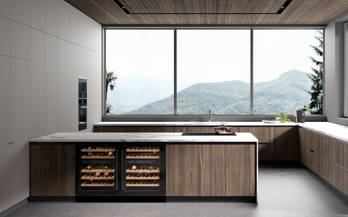 White Modern Classic Wood Kitchen Cabinets Tailored With Island Table Wine Storage