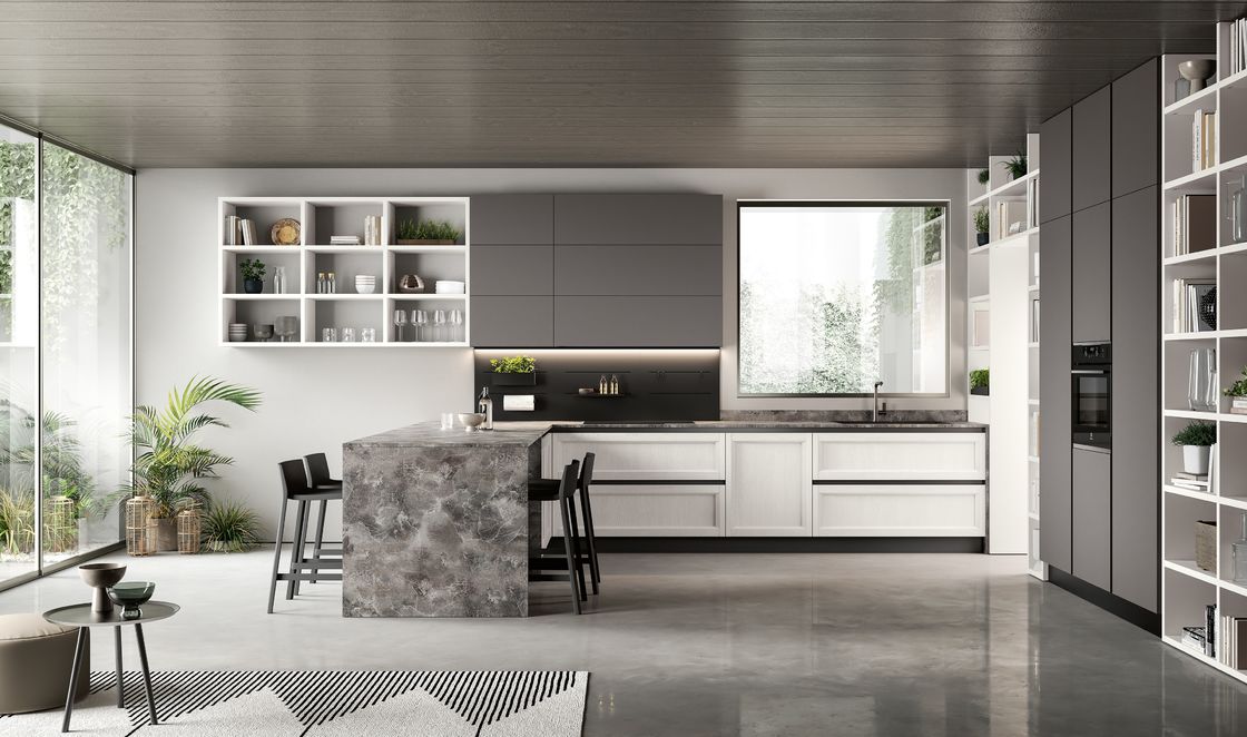 Handless Melamine Kitchen Cabinet Fitted Grey Kitchen Storage Cabinet Customized