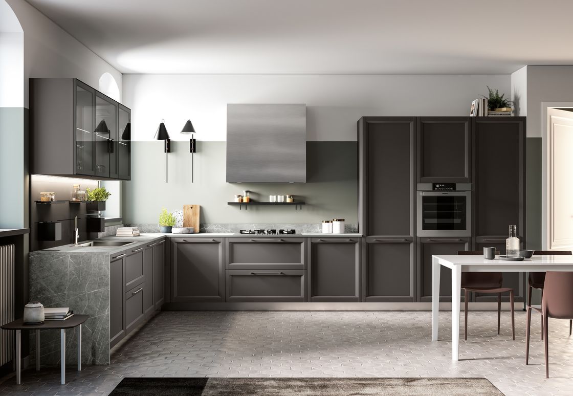 L Shaped Melamine Kitchen Cabinet Modern Dark Grey Kitchen Cabinets Customized