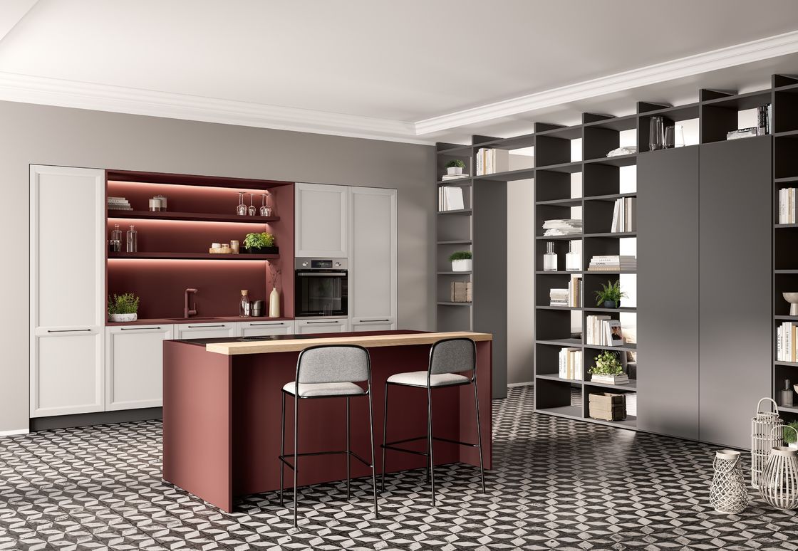Modern Stylish Melamine Kitchen Cabinets Red And White Customized