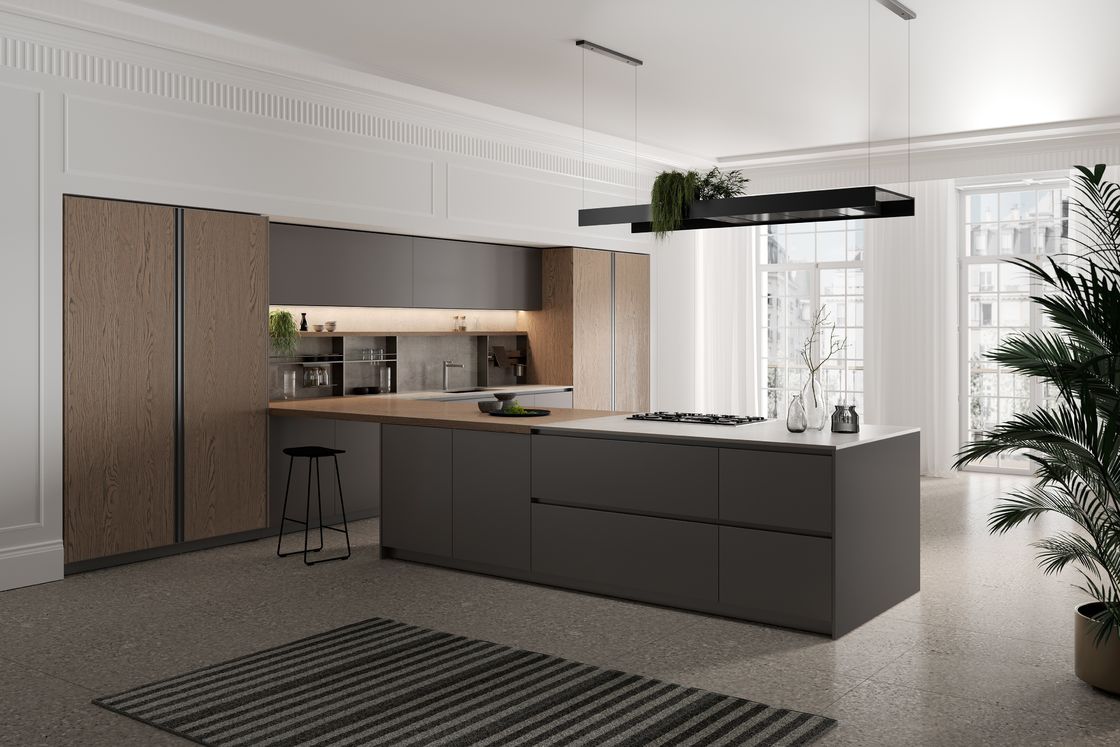 T Shaped Classic Wood Kitchen Cabinets Tailored Kitchen Set With Dining Bar