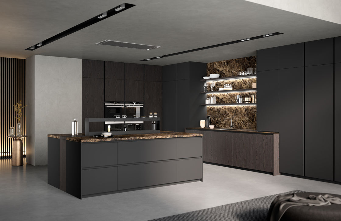 Tailored Wood Veneer Modern Black Kitchen Cabinets Modern Style With Dining Bar