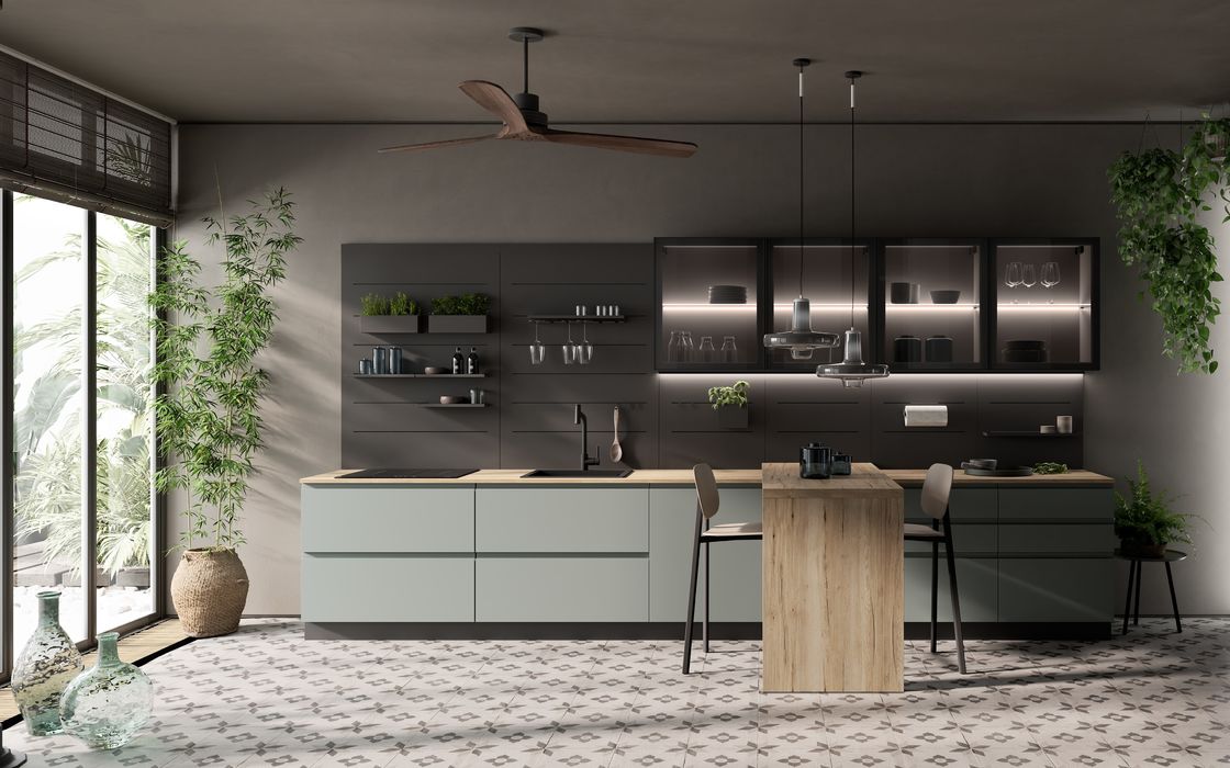 Mint Green stylish PET Kitchen Cabinets Fitted With Wood Dining Table